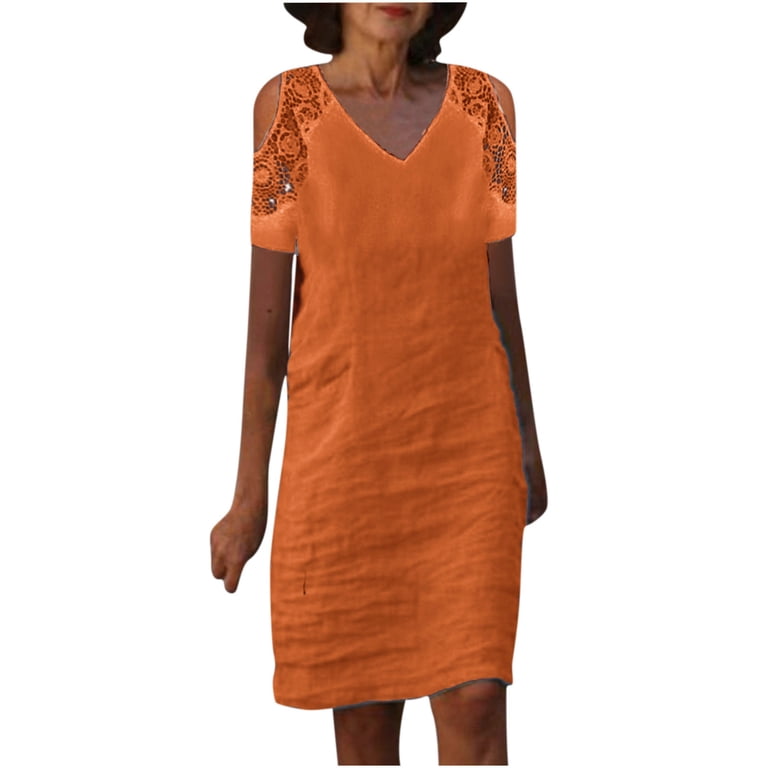 Atoysoy Women's Knee Length Staight Dress Crochet Summer Sundress Cold Shoulder Sleeve V Neck Boho Beach Cotton Lined Lace Splicing Trendy Workout
