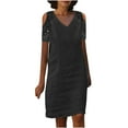 thumbnail image 1 of ATOYSOY Women's Knee Length Staight Dress Crochet Summer Sundress Cold Shoulder Sleeve V Neck Boho Beach Cotton Lined Lace Splicing Trendy Workout Retro Black, 1 of 5