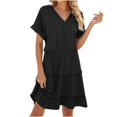 thumbnail image 1 of ATOYSOY Women's Above Knee Ruffle Knitted Dress Solid Color Short Sleeve V Neck Boho Beach Elegant Casual Tiered Trendy Workout Clearance Retro Summer Sundress Black, 1 of 5