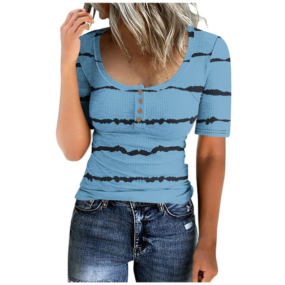 ATOYSOY Women's Knitted Ribbed Slim Basic Tops Clearance Short Sleeve Summer Pullover Solid Color Quarter Button Retro Casual Relaxed for Teens Girls Fashion Shirts Blue S