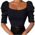 thumbnail image 1 of ATOYSOY Women's Knitted Ribbed Slim Crop Tops Fashion Shirts Summer Pullover Solid Color Puff Sleeve Square Neck Retro Elegant Casual for Teens Girls Black XXL, 1 of 9