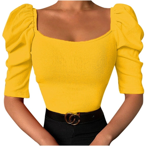 ATOYSOY Women's Knitted Ribbed Slim Crop Tops Fashion Shirts Summer Pullover Solid Color Puff Sleeve Square Neck Retro Elegant Casual for Teens Girls Yellow L