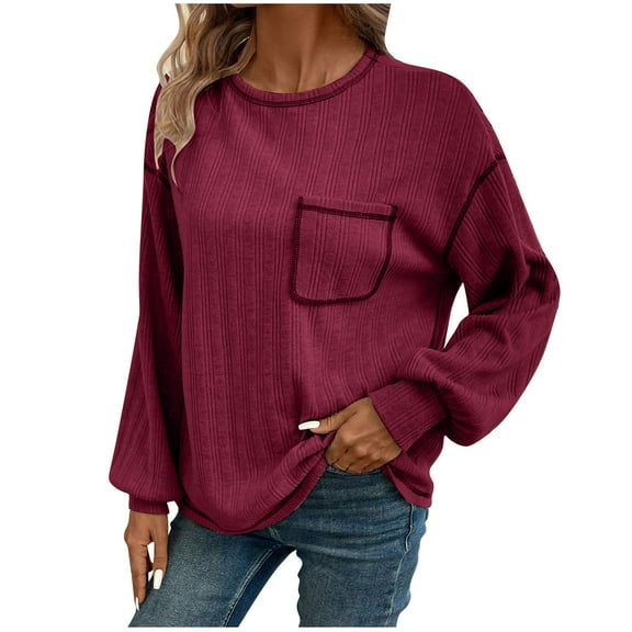ATOYSOY Women's Knitted Sweaters Loose Tops Fashion Long Sleeve Tees Fall Winter Casual Ribbed Shirts Crew Neck Sweatshirts Pockets Outwear Solid Color Pullover Red M