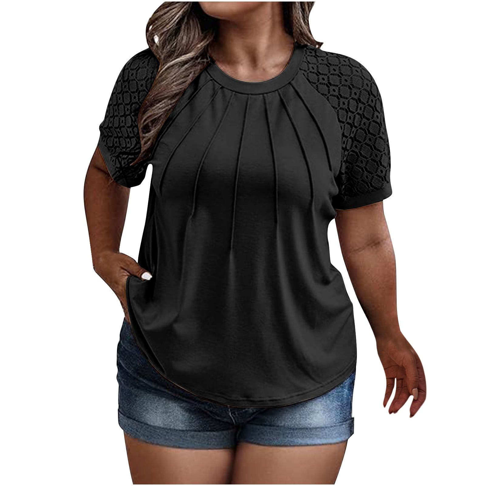 ATOYSOY Women's Lace Crochet Splicing Pleated Tees Plus Size Raglan Tops Loose Tunic Round Neck Pullover Short Sleeve T Shirts Trendy Causal Workout for Girls Black