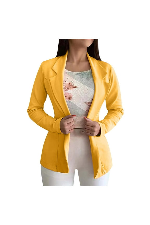 Women's Lapel Open Front Jacket Blazer Suit with Pockets Versatile Solid Work Office Coat Long Sleeve Button Front Cardigan Business Attire Casual Trendy Yellow S