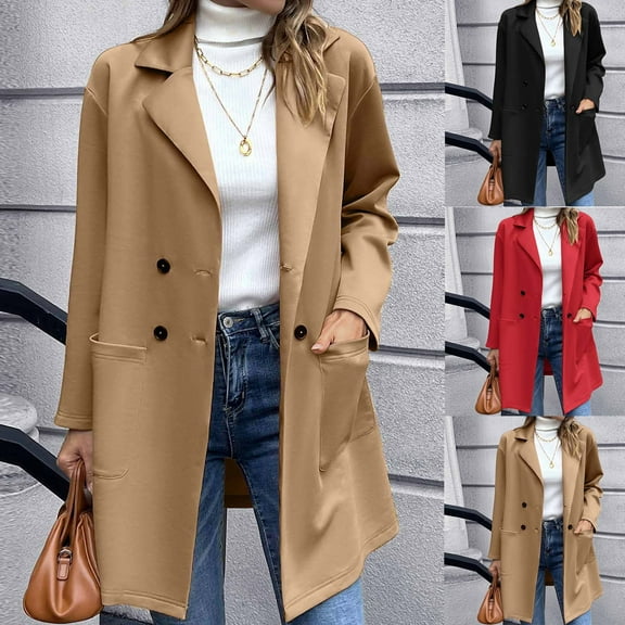 ATOYSOY Women's Lapel Open Front Jacket Midi Blazer Suit with Pockets Versatile Long Sleeve Cardigan Solid Work Coat Trendy Business Attire Casual Double Breasted Button Black L