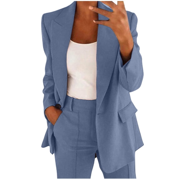 ATOYSOY Women's Lapel Open Front Jacket Plus Size 2Pc Blazer Suit Sets Dress Pants Versatile Solid Work Office Coat Business Attire Casual Outfits Long Sleeve Cardigan Trendy Blue M