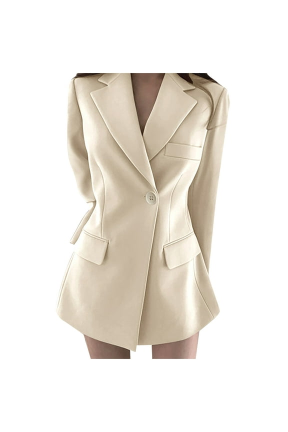 Women's Lapel Open Front Jacket Plus Size Midi Dress Blazer Suit Versatile Long Sleeve Button Front Cardigan Trendy Solid Work Office Coat Business Attire Casual Beige XXL
