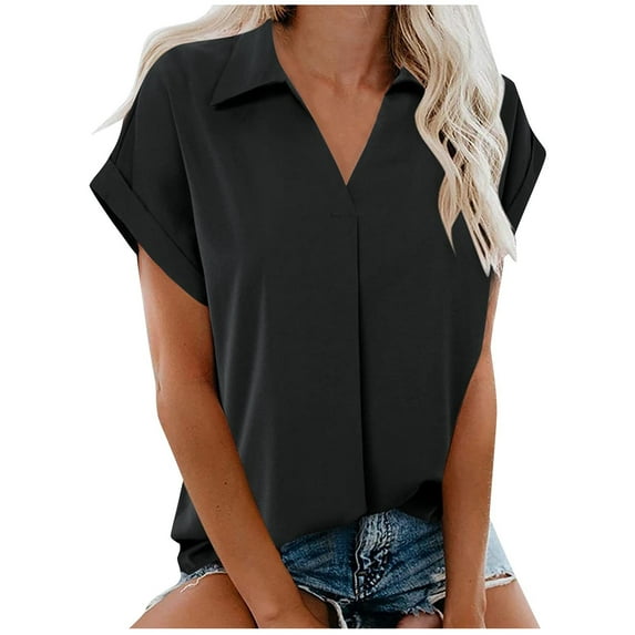 ATOYSOY Women's Lapel V Neck Blouses Summer Loose Dressy Tunic Shirts Pullovers Casual Holiday Fashion Clothes Business Tees Short Sleeve Pleated Tops Cute Black L