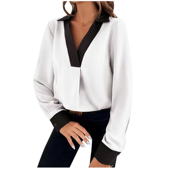 ATOYSOY Women's Lapel V Neck Shirts Fall Elegant Pleated Tops Trendy Workout Comfy Casual Button Down Relaxed Long Sleeve Pullovers Color Blocked Blouses White M