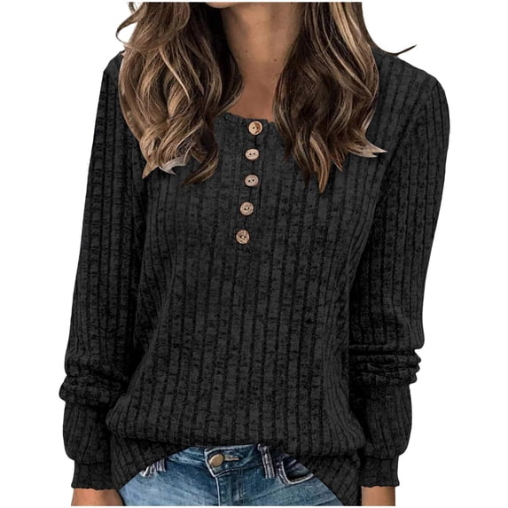 ATOYSOY Women's Lazy Solid Color Pullover Long Sleeve Button Tops Fall Crew Neck Knitted Sweatshirts Winter Loose Ribbed Sweaters Casual Blouses Fashion Black XXXL