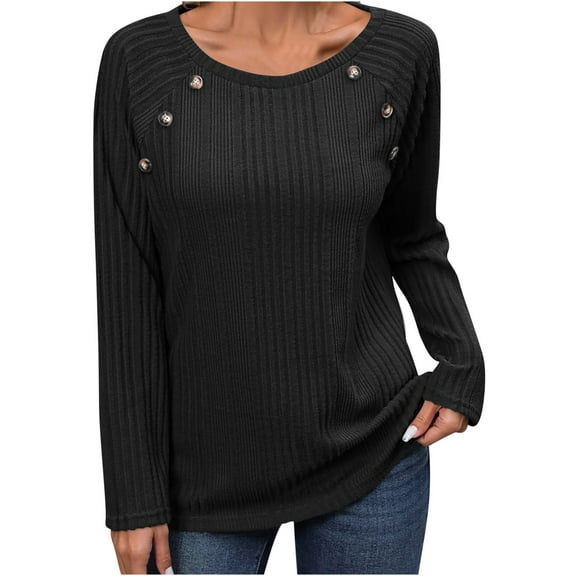 ATOYSOY Women's Lazy Solid Color Ribbed Pullover Loose Sweaters Fashion Crew Neck Sweatshirts Winter Casual Blouses Long Sleeve Button Tops Fall Black L
