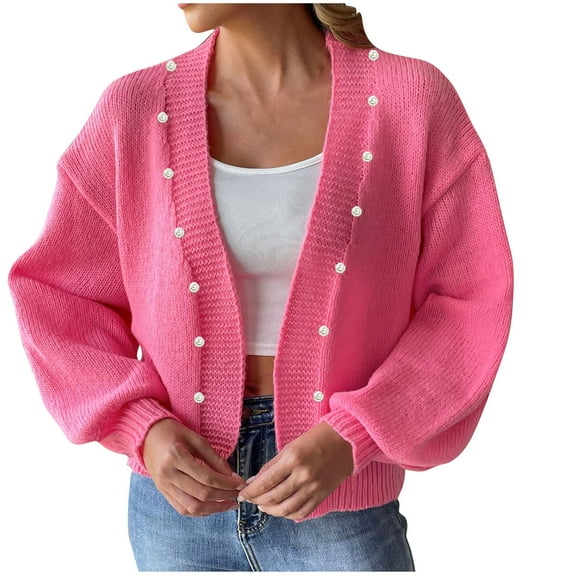 ATOYSOY Women's Lightweight Cropped Coat Long Sleeve Tops Casual Sweatshirts V Neck Open Front Knitted Cardigan Fall Winter Outwear Loose Jackets Sweaters for Women Pink XL