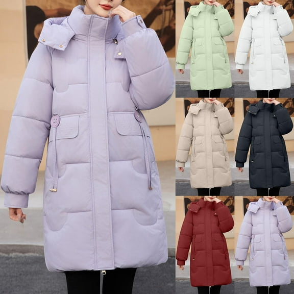 ATOYSOY Women's Long Puffer Jacket Solid Zipper Coat with Pocket Casual Warm Parka Coats Plus Size Hooded Outerwear Beige L