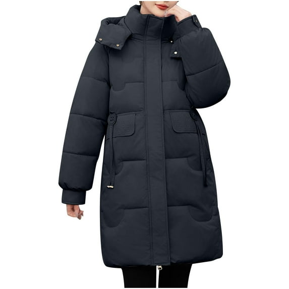 ATOYSOY Women's Long Puffer Jacket Solid Zipper Coat with Pocket Casual Warm Parka Coats Plus Size Hooded Outerwear Black M