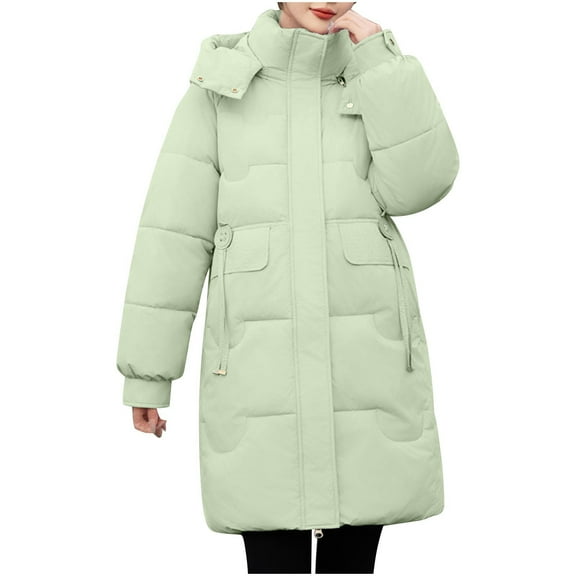 ATOYSOY Women's Long Puffer Jacket Solid Zipper Coat with Pocket Casual Warm Parka Coats Plus Size Hooded Outerwear Green XXXL