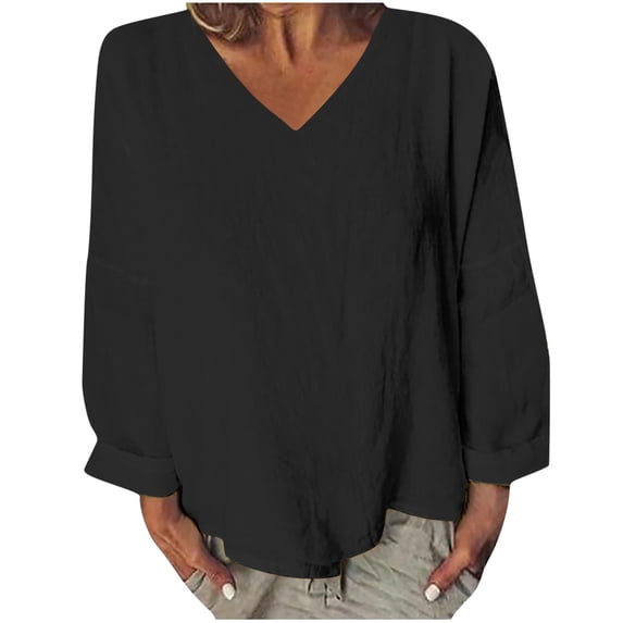 ATOYSOY Women's Long Sleeve Basic Tees Fall Plus Size Tops V Neck Blouses Casual Cotton Lined Tunic Activewear Fashion Workout Solid Color Loose Pullover Dressy Black M