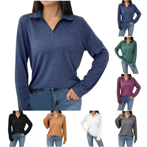 ATOYSOY Women's Long Sleeve Blouses Spring Loose Cotton Lined Shirts with Pockets Outwear Workout Lapel V Neck Tops Fall Pullovers Casual Trendy Sewatshirts Black L