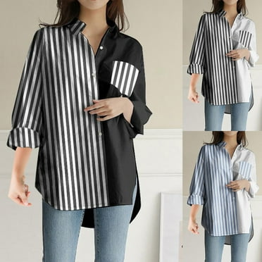 ATOYSOY Women's Long Sleeve Blouses Spring Loose Shirts with Pockets Striped Color Block Pullovers Workout Casual Trendy Sewatshirts Turn Down Collar V Neck Tops Fall Clearance Black L