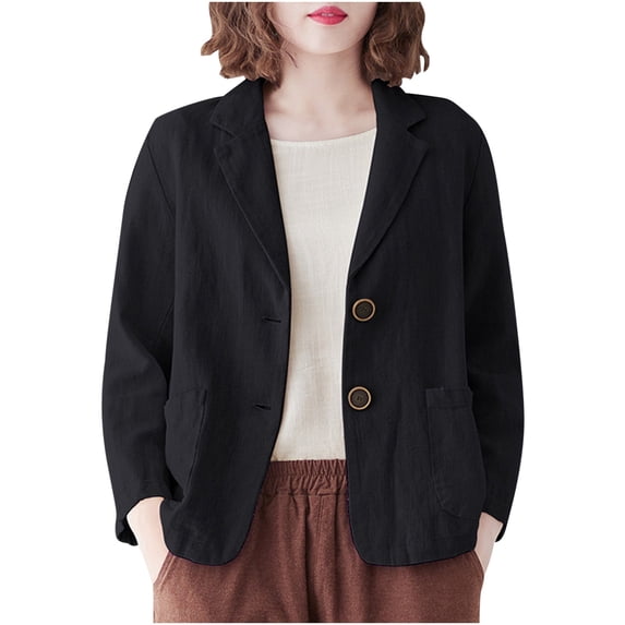 ATOYSOY Women's Long Sleeve Button Front Cardigan Plus Size Short Blazer Suit with Pockets Lapel Open Front Jacket Business Attire Casual Lined Solid Work Coat Trendy Black XL