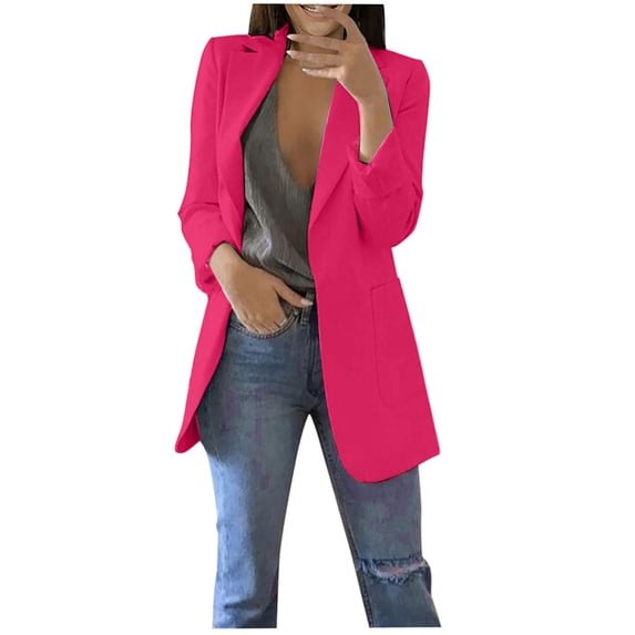 ATOYSOY Women's Long Sleeve Cardigan Plus Size Blazer Suit with Pockets Versatile Lapel Open Front Jacket Clearance Solid Work Office Coat Trendy Business Attire Casual Pink XXL