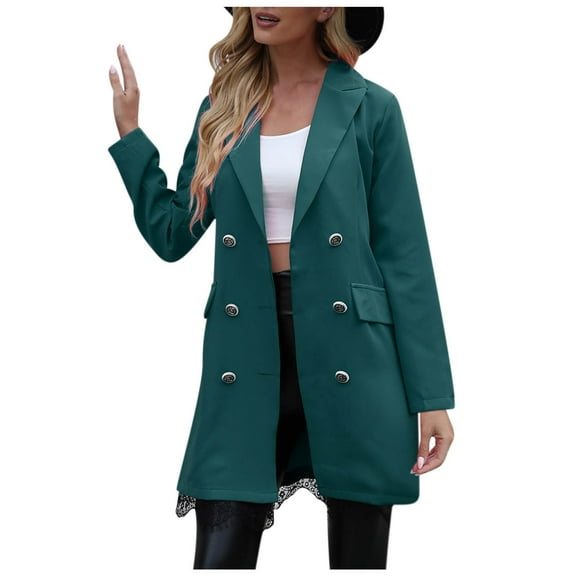 ATOYSOY Women's Long Sleeve Midi Cardigan Midi Blazer Suit Versatile Lapel Open Front Jacket Trendy Solid Work Office Coat Business Attire Casual Double Breasted Button Green XXL