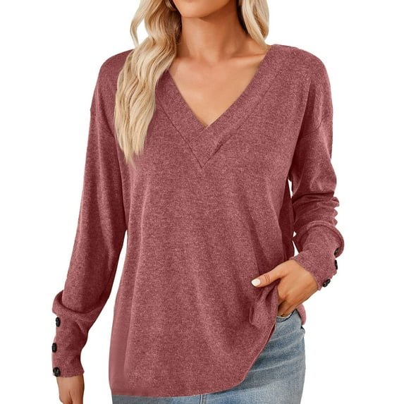 ATOYSOY Women's Long Sleeve Pullovers Loose Basic Tops Trendy Workout Comfy Casual Button Down Relaxed V Neck Shirts Fall Solid Color Blouses Purple XXL
