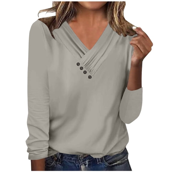 ATOYSOY Women's Long Sleeve Pullovers Loose Basic Tops V Neck Pleated Shirts Fall Trendy Relaxed Comfy Casual Button Down Relaxed Solid Color Blouses Gray M
