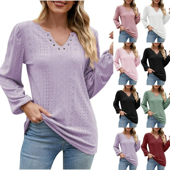 ATOYSOY Women's Long Sleeve Shirts Winter Fashion Loose Tops Dressy Tunic Workout Casual Blouse Eyelet Solid Color Pullover Spring V Neck Sweatshirts Black L