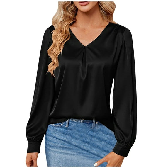 ATOYSOY Women's Long Sleeve Shirts Winter Loose Basic Tops Elegant Solid Color Pullover Spring Workout V Neck Button Sweatshirts Fashion Casual Blouse Satin Black M