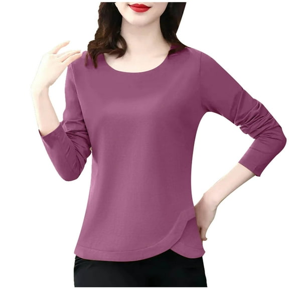 ATOYSOY Women's Long Sleeve Shirts Winter Loose Tops Workout Solid Color Pullover Spring Fashion Crew Neck Sweatshirts Casual Blouse Cotton Purple M