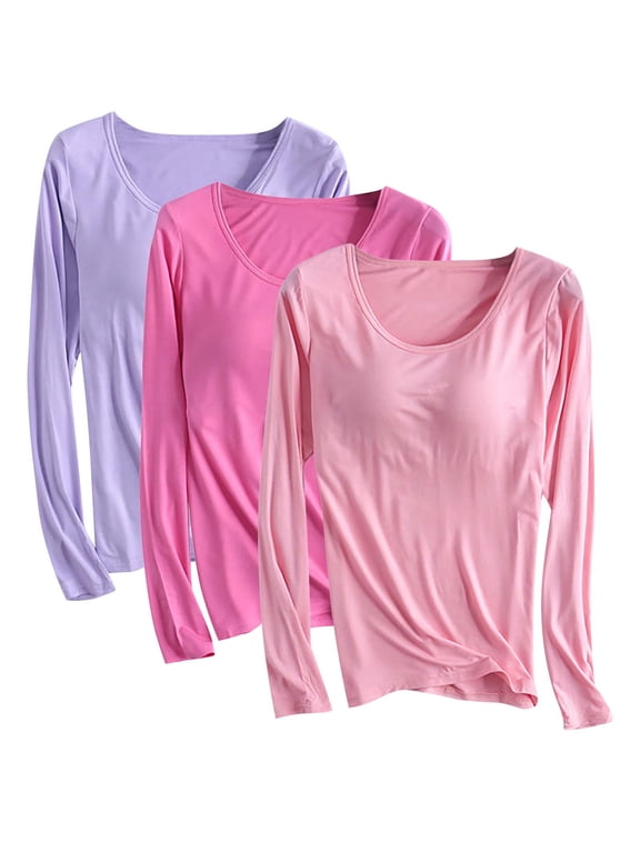 Women's Long Sleeve Tees Fall Winter 3 Pack Slim Basic Tops Retro Fashion Solid Color Padded Pullover Crew Neck Sweatshirts Outwear Casual Cotton Shirts Pink XL