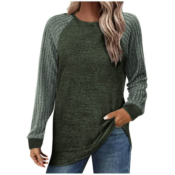 ATOYSOY Women's Long Sleeve Tees Fall Winter Knitted Sweaters Loose Tops Color Block Pullover Workout Casual Ribbed Shirts Crew Neck Sweatshirts Outwear Fashion Green M
