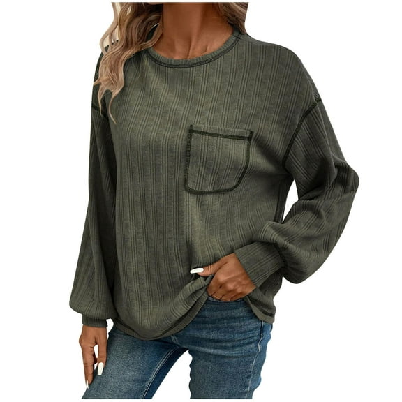ATOYSOY Women's Long Sleeve Tees Fall Winter Knitted Sweaters Loose Tops Solid Color Pullover Crew Neck Sweatshirts Pockets Fashion Casual Ribbed Shirts Outwear Green S