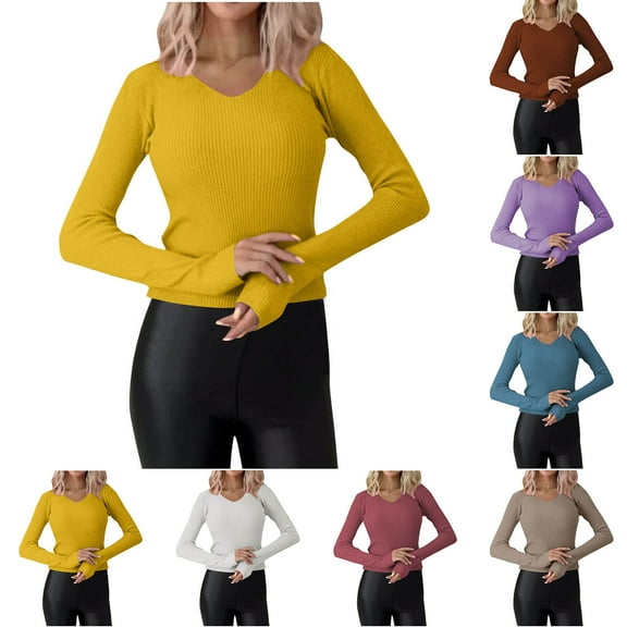 ATOYSOY Women's Long Sleeve Tees Fall Winter Knitted Sweaters Slim Basic Tops Outwear Casual Cotton Shirts Solid Color Pullover V Neck Sweatshirts Fashion Blue L