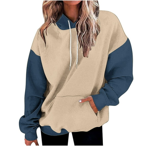 ATOYSOY Women's Long Sleeve Tees Fall Winter Loose Hoodie Tops with Pockets Color Block Pullover Workout Casual Shirts Retro Crew Neck Sweatshirts Outwear Fashion Yellow M