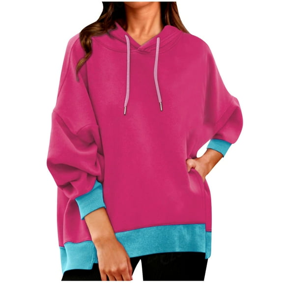 ATOYSOY Women's Long Sleeve Tees Fall Winter Loose Hoodie Tops Pockets Crew Neck Sweatshirts Fashion Casual Shirts Outwear Color Block Pullover Pink S