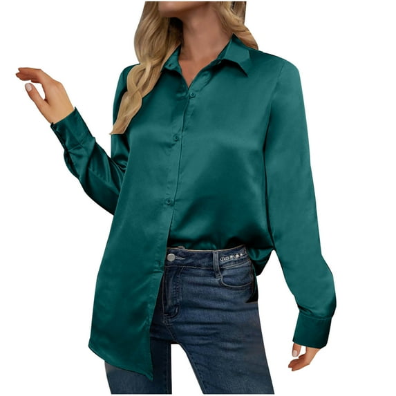 ATOYSOY Women's Long Sleeve Tees Fall Winter Loose Satin Tops Lapel Button Sweatshirts Outwear Solid Color Jackets Workout Casual Business Shirts Retro Fashion Green L