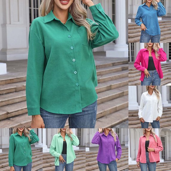 ATOYSOY Women's Long Sleeve Tees Fall Winter Loose Tops Pockets Outwear Fashion Solid Color Pullover Casual Business Shirts Turn Down Collar Sweatshirts Blue L