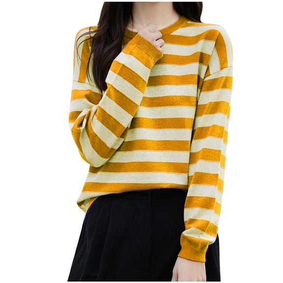 ATOYSOY Women's Long Sleeve Tees Fall Winter Loose Tops Striped Pullover Outwear Casual Shirts Fashion Round Neck Sweatshirts Yellow M