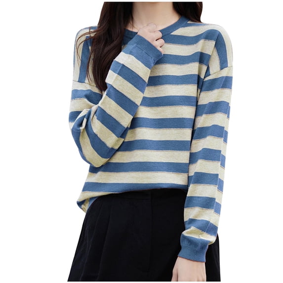 ATOYSOY Women's Long Sleeve Tees Fall Winter Loose Tops Striped Pullover Outwear Casual Shirts Round Neck Sweatshirts Fashion Blue L