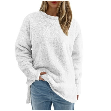 ATOYSOY Women's Long Sleeve Tees Fall Winter Plus Size Fleece Tops Solid Color Pullover Workout Casual Fuzzy Shirts Clearance Fashion Retro Crew Neck Sweatshirts Outwear S