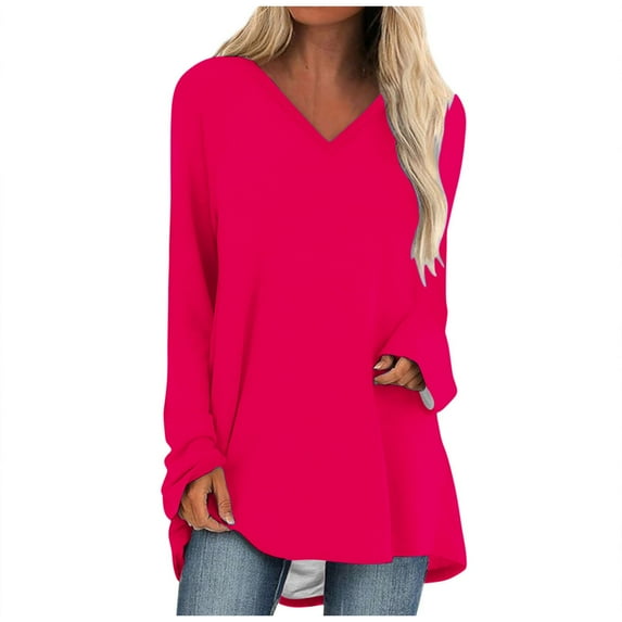 ATOYSOY Women's Long Sleeve Tees Loose Basic Tops Dressy Tunic Trendy Relaxed Comfy Casual Solid Color Blouses V Neck Shirts Fall Workout Pink XXL