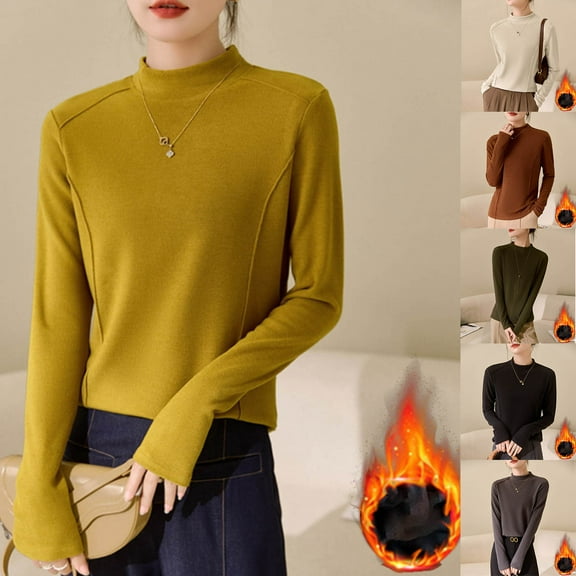 ATOYSOY Women's Long Sleeve Thicken Tees Fall Winter Loose Basic Tops Outwear Solid Color Pullover Fashion High Neck Sweatshirts Casual Shirts Green L