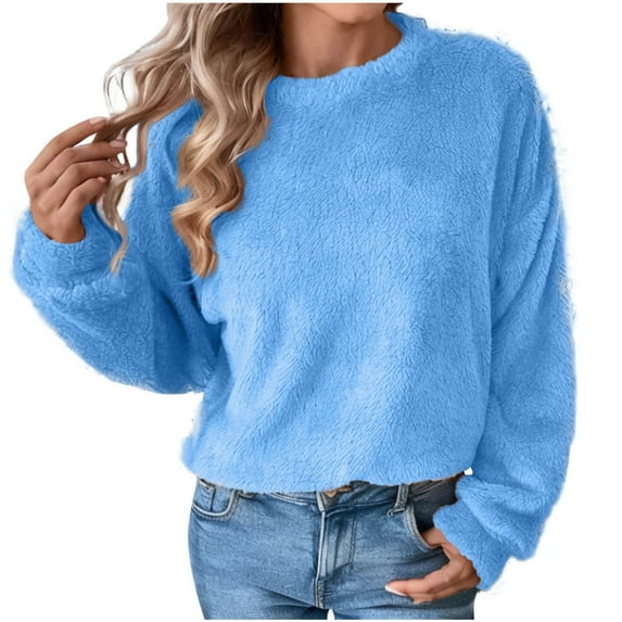 ATOYSOY Women's Long Sleeve Thicken Tees Fall Winter Loose Fleece Tops Fashion Solid Color Pullover Outwear Crew Neck Sweatshirts Casual Fuzzy Shirts Blue XXL