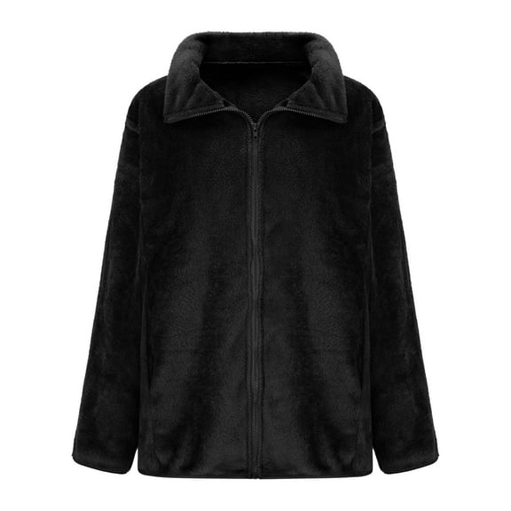 ATOYSOY Women's Long Sleeve Zipper Coat Fall Winter Loose Fleece Tops Solid Color Jackets with Pockets Casual Fuzzy Shirts Turn Down Collar Sweatshirts Outwear Black L