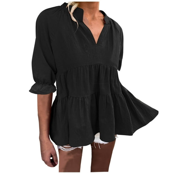 ATOYSOY Women's Loose Babydolls Tops Fashion 3/4 Sleeve Tees Fall Winter Casual Elegant Shirts Ruffle V Neck Dressy Sweatshirts Outwear Pullover Pockets Workout Black XL