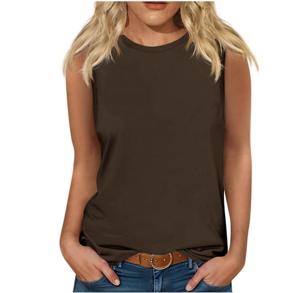 ATOYSOY Women's Loose Basic Tank Tops Beach Solid Color Sleeveless Trendy Tees Round Neck Casual Workout Summer Camisole Girls Retro Brown L