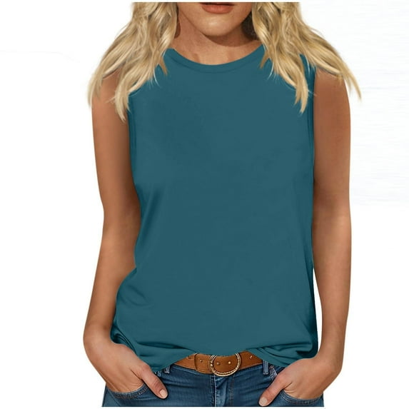 ATOYSOY Women's Loose Basic Tank Tops Beach Solid Color Sleeveless Trendy Tees Round Neck Casual Workout Summer Camisole Retro Girls Blue XL
