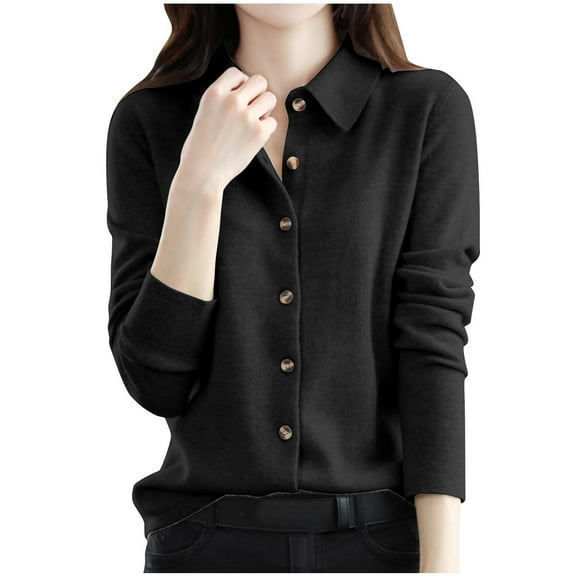 ATOYSOY Women's Loose Business Tops Fashion Long Sleeve Tees Fall Winter Turn Down Collar Button Sweatshirts Casual Shirts Pullover with Pockets Outwear Black S